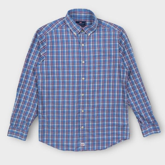$118 Vineyard Vines Performance Murray Shirt Mens Medium Check Blue Button Down - Picture 2 of 11